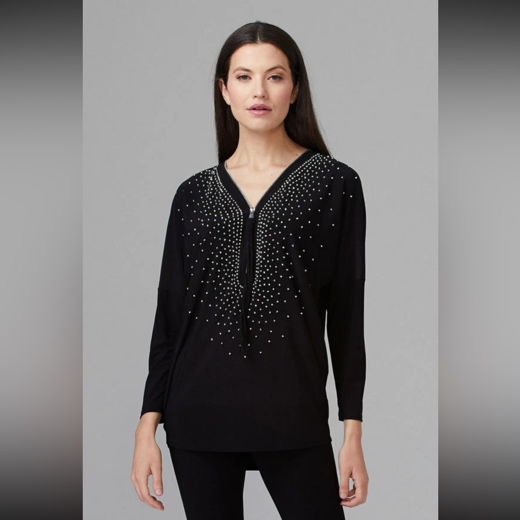 Joseph Ribkoff Studded Zip V-Neck Tunic Blouse Black Size S Chic Sparkle Top